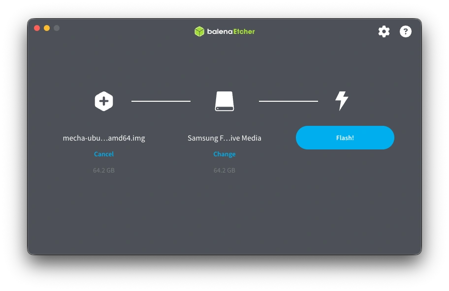 Ubuntu 이미지와 대상 USB가 설정된 balenaEtcher