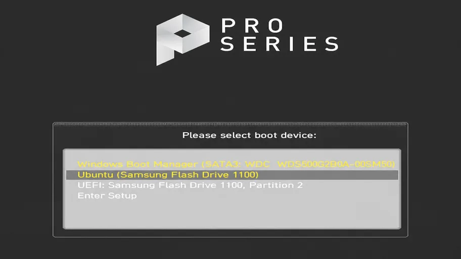 MSI 부트 메뉴에서 Ubuntu USB 부팅 장치 선택