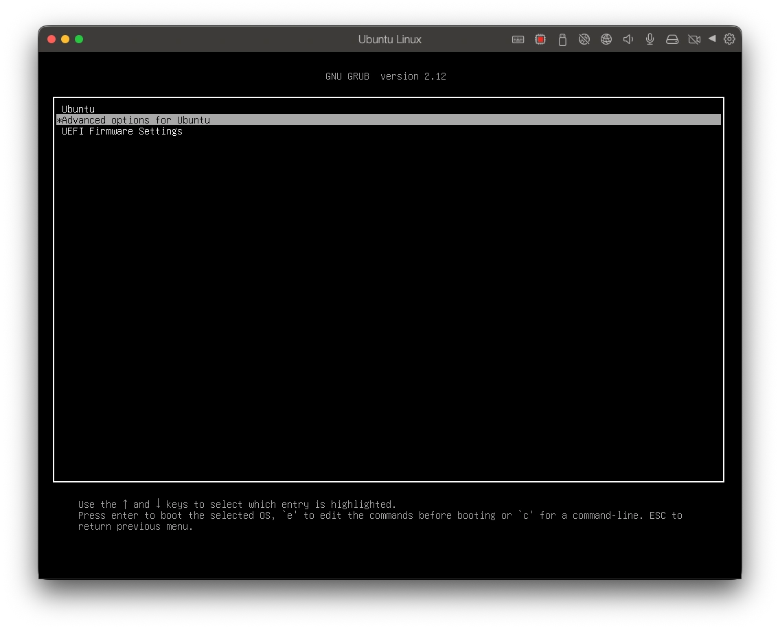 GRUB 메뉴에서 Advanced options for Ubuntu 항목 선택