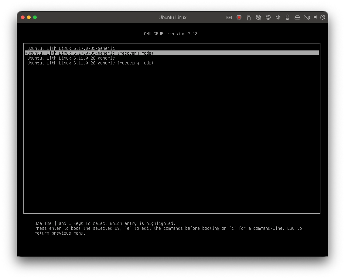 GRUB 메뉴에서 Ubuntu recovery mode 항목 선택